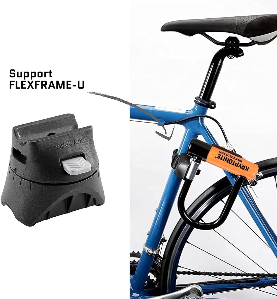 Kryptonite propose un support compact destiné à être fixé sur le cadre du vélo pour faciliter le transport de l'antivol. Toutefois, la finition de ce support n'est pas à la hauteur de celle de l'antivol lui-même. Bien que son utilisation ne soit pas particulièrement complexe, insérer la partie métallique du U dans le support pourrait être plus fluide et intuitif.